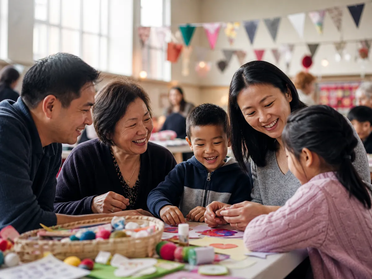 Asian family enjoying a community craft activity